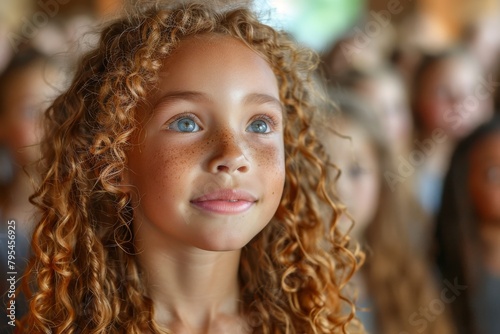 Young girl with curly hair, bright eyes, and freckles, looking away in a natural setting © Larisa AI