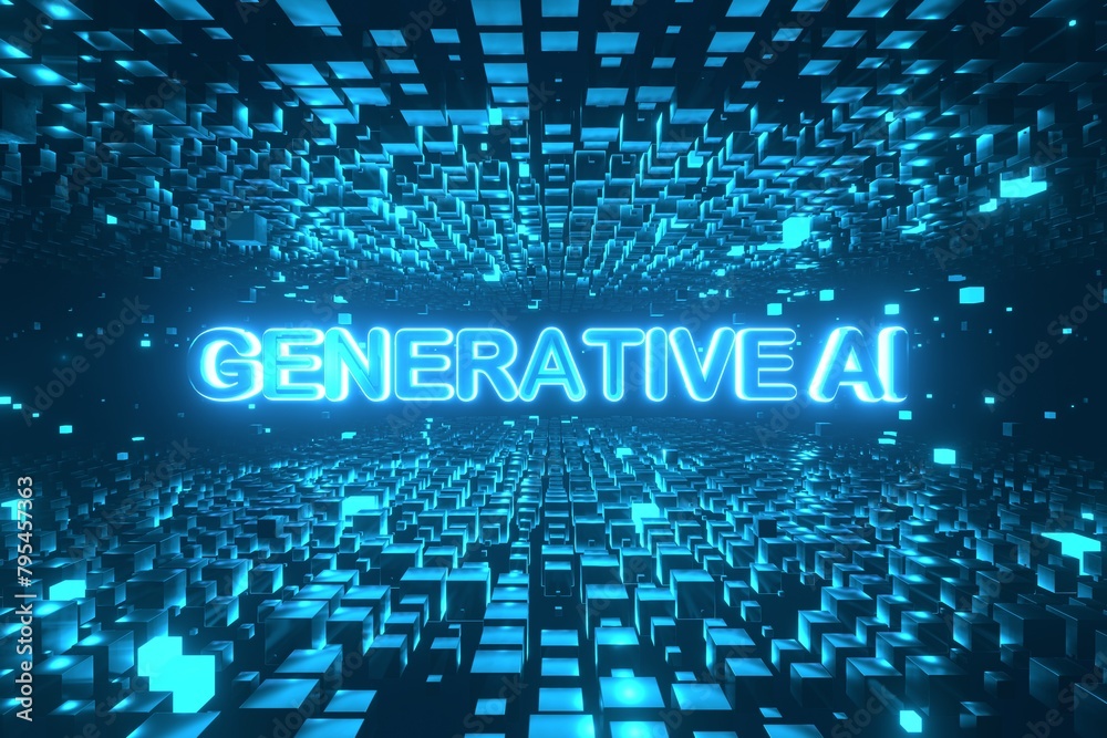 Generative AI text inside rotating cube platforms in cyberspace. High-tech neon 3D illustration