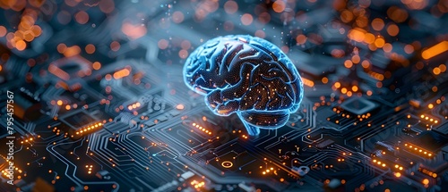 Blue human brain hovering over AI circuit board merging technology and humanity. Concept Artificial Intelligence, Technology, Human Anatomy, Innovation, Futuristic Vision