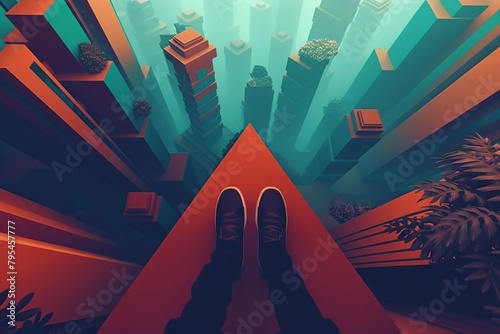 A first-person perspective of a person standing on the edge of a tall building, looking down at the city below. The city is depicted as a sea of skyscrapers, with the occasional tree or park. The sky photo