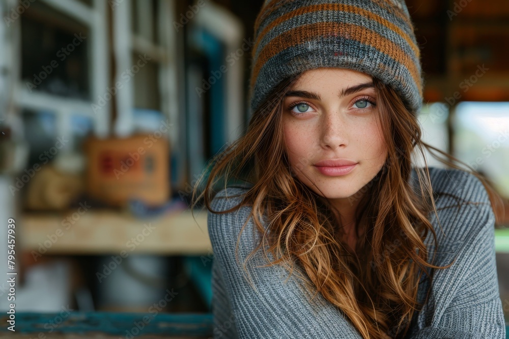 A warm and relaxed portrait of a young woman wearing a beanie with a contemplative look A warm and relaxed portrait of a young woman wearing a beanie with a contemplative look