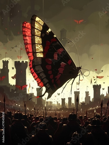 A dark fantasy painting of a giant butterfly with tattered wings flying over an army of soldiers.