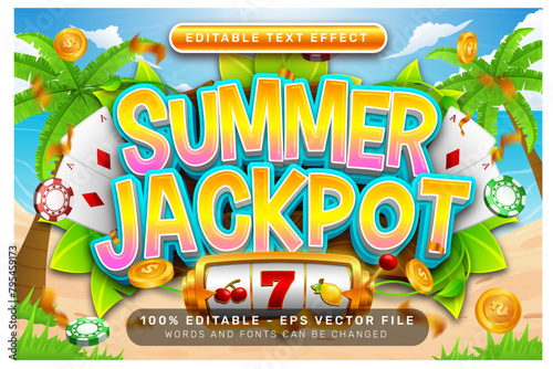 summer jackpot 3d text effect and editable text effect with illustration of summer on the beach
