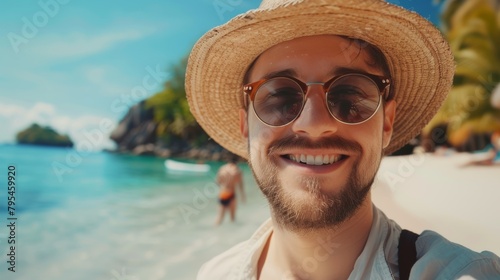 close-up shot of a good-looking male tourist. Enjoy free time outdoors near the sea on the beach. Looking at the camera while relaxing on a clear day Poses for travel selfies smiling happy tropical #795459920