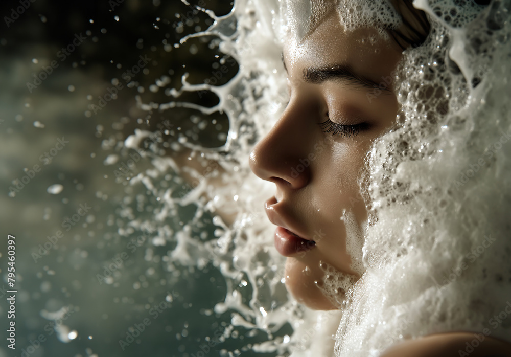 Woman face side view, in bath wash foam splashes with copy space