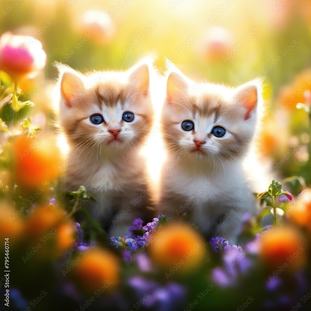 cute kittens among flowers. sunny spring day.