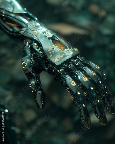 A closeup of a persons arm, partially covered in cybernetic enhancements, featuring intricate clawlike appendages that evoke a sense of power and technology 8K , high-resolution, ultra HD,up32K HD photo