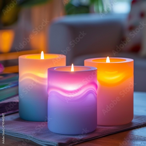 A colorful display featuring four candles, each casting a warm glow in a different vibrant hue, enhancing the ambiance with their lively colors 8K , high-resolution, ultra HD,up32K HD photo