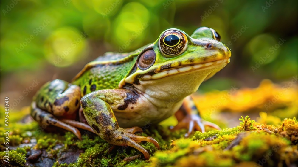 Green frog on moss in the forest. Green frog on moss in the forest.