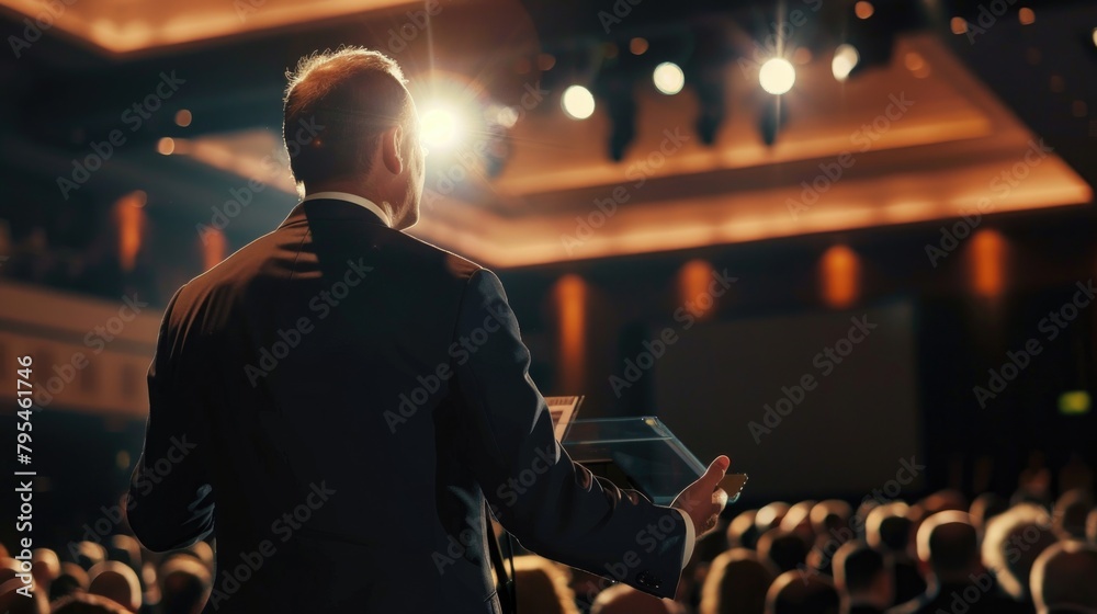 A man in a tailored suit giving a keynote speech at a prestigious business conference,