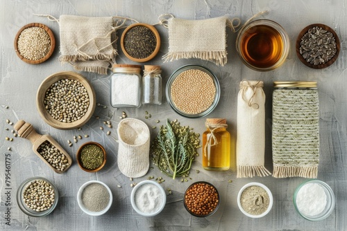 Overhead view of various hemp products including oil, seeds, and fabric, arranged neatly to highlight the versatility of hemp, photo