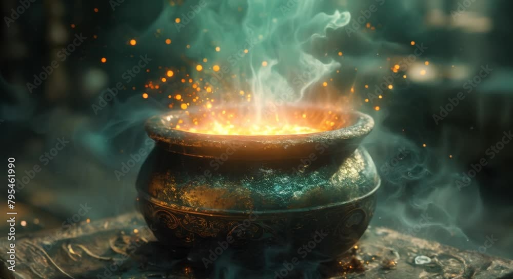 A sorcerer's potion brewing in a cauldron, blurred alchemy books A sorcerer's potion brewing in a cauldron, blurred alchemy books
