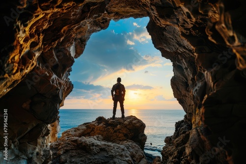 A solo traveler exploring the cave