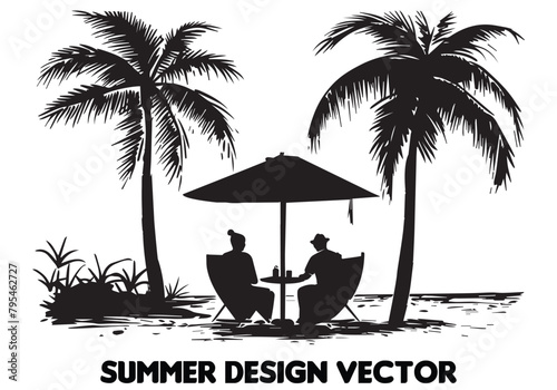 summer design palm tree sitting on chair front table and umbrella man beach for print on demand black bold simple outline vector