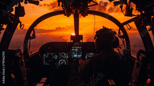An evocative image of the Apache's cockpit glowing with internal lights, the pilot silhouetted against the panoramic window, as the helicopter faces the dying embers of the day