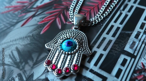A silver Hamsa hand pendant, adorned with a turquoise evil eye, wards off negativity in the Mediterranean , photo