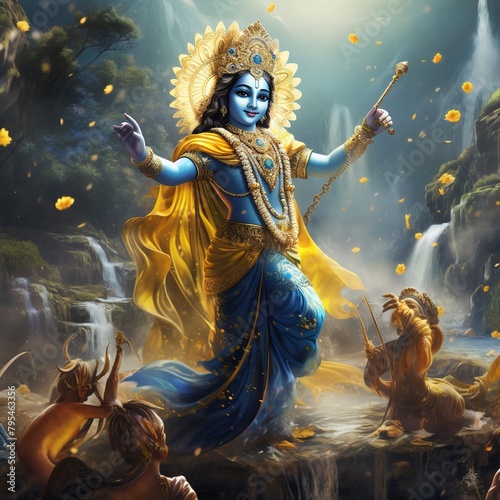illustration of Hindu God Krishna blue in colour as a little boy wea, Generative ai
