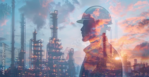 An engineer in a helmet works in an oil and gas factory captured in a double exposure, Generated by AI