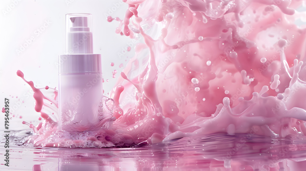 Mockup Bottle of facial toner floating in water. Product shot in pink colors on white background Mockup Bottle of facial toner floating in water. Product shot in pink colors on white background