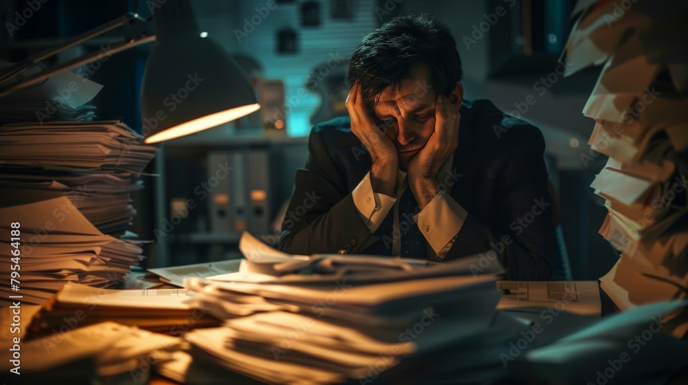 An exhausted businessman slumped over his desk late at night, surrounded by mountains of paperwork, the dim light of his lamp casting long shadows that mirror his fatigue.