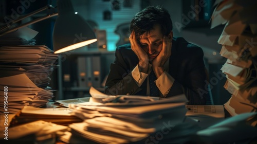 An exhausted businessman slumped over his desk late at night, surrounded by mountains of paperwork, the dim light of his lamp casting long shadows that mirror his fatigue.