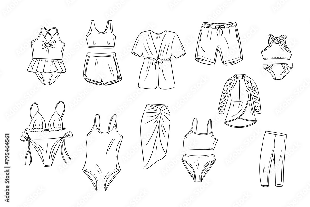 Summer contour doodle set of swimming suits. Vector hand drawn sketchy drawings of female, male and children clothes for beach vacation. Fashion bikini collection isolated on white background Summer contour doodle set of swimming suits. Vector hand drawn sketchy drawings of female, male and children clothes for beach vacation. Fashion bikini collection isolated on white background