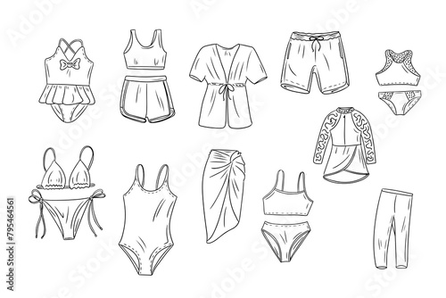 Summer contour doodle set of swimming suits. Vector hand drawn sketchy drawings of female, male and children clothes for beach vacation. Fashion bikini collection isolated on white background