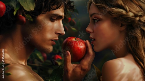 Adam and Eve eating the forbidden fruit in the Garden of Eden in high resolution and quality. biblical concept, history, creation, adam