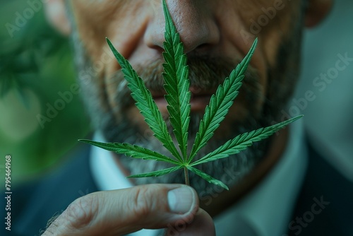 A seriouslooking man in a suit delicately holding a marijuana plant leaf, his expression reflecting a careful and respectful attitude towards the plant 8K , high-resolution, ultra HD,up32K HD