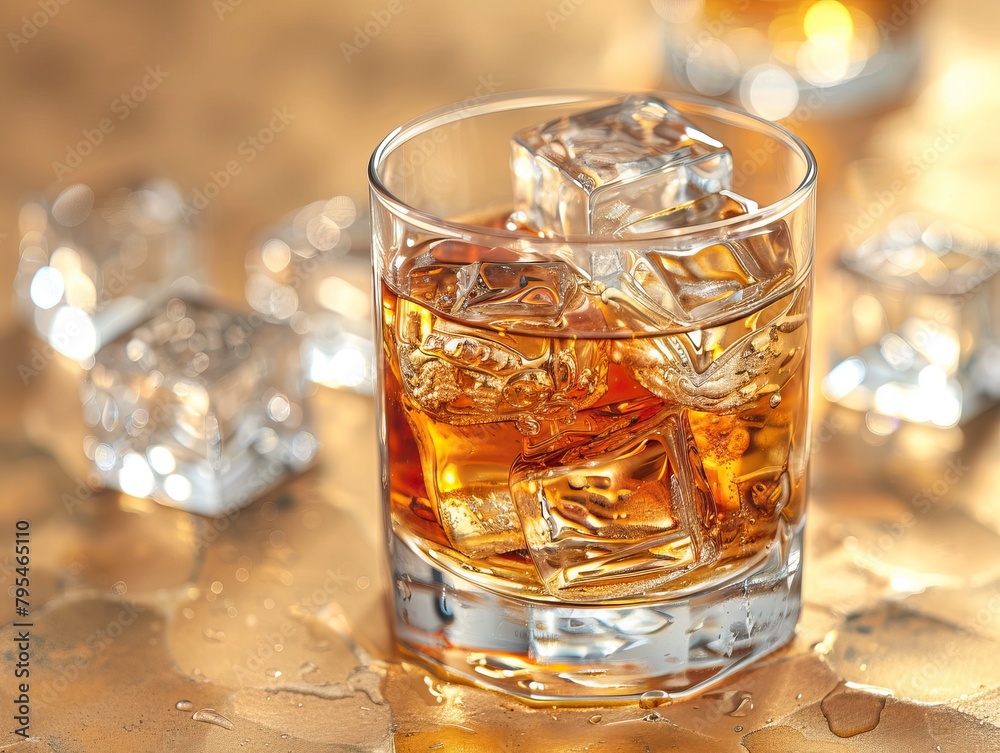 A glass of amber liquid, likely whiskey, with ice cubes in it, sitting on a reflective surface, perhaps a bar.