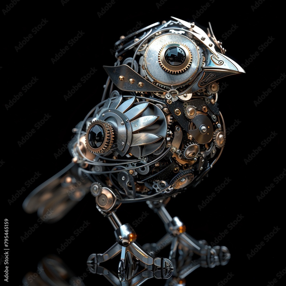 A sophisticated mechanical avian sculpture, intricately assembled from various metal gears and components, portraying a sense of elegance and precision 8K , high-resolution, ultra HD,up32K HD