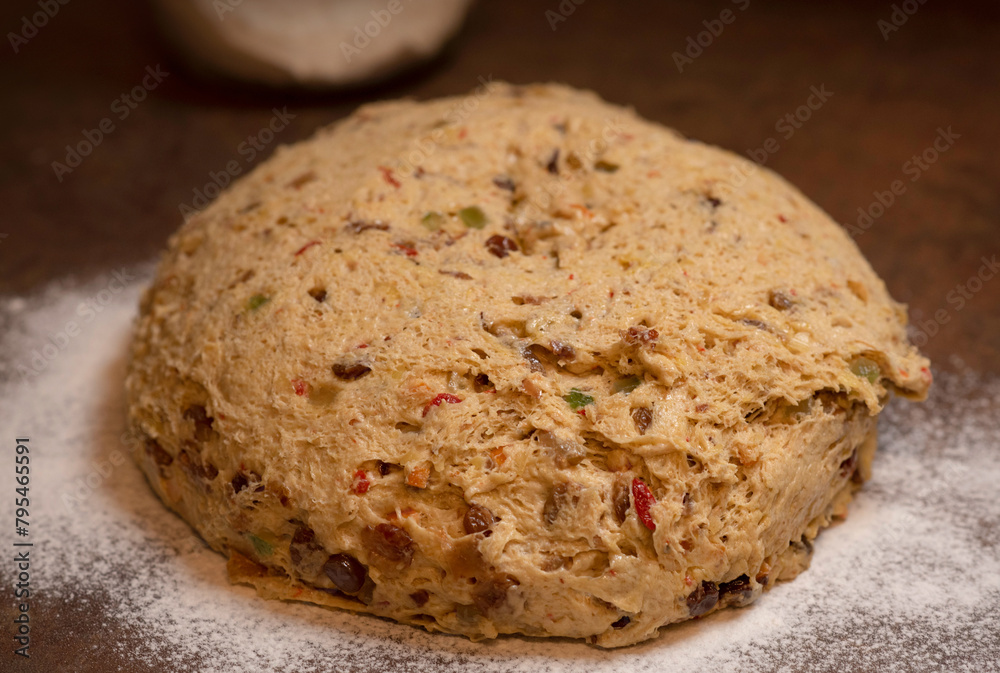 Homemade Panettone Bread with Raisins and Citrus Peel. Delicious Pastry. Homemade Panettone Bread with Raisins and Citrus Peel. Delicious Pastry.