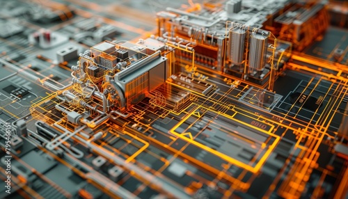 Illustration of an advanced, glowing circuit board with futuristic technology components, depicting high-tech computing.