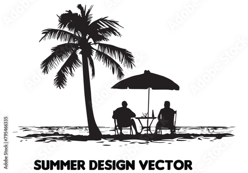 summer design palm tree sitting on chair front table and umbrella man beach for print on demand black bold simple outline on white backgrounds vector