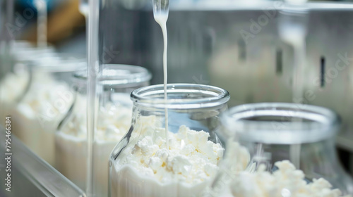 Pouring milk into a jar over cultured dairy samples