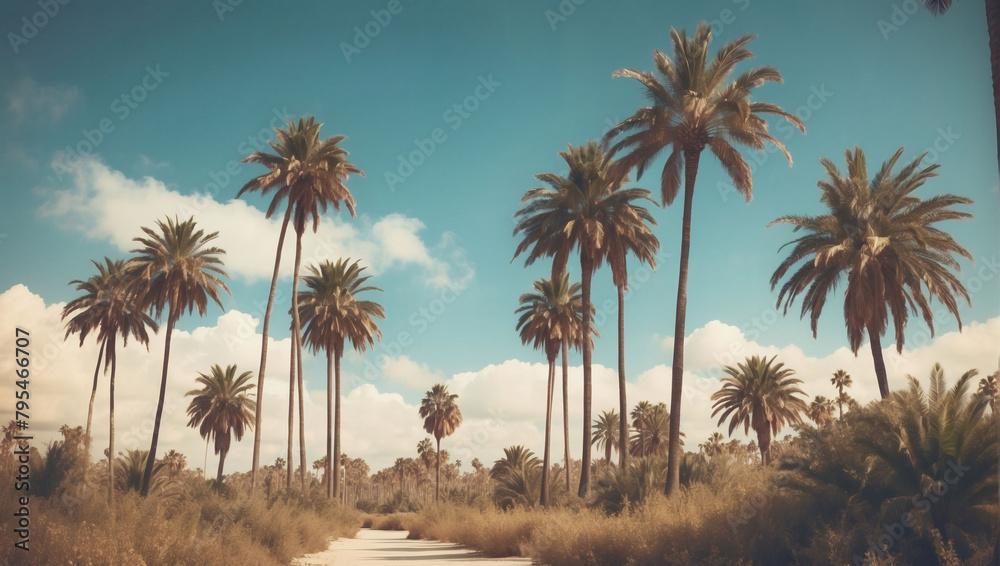 Retro Vibes, Vintage Post-Processed Image of Palm Trees, Evoking Fashionable Travel and Summer Escapes.