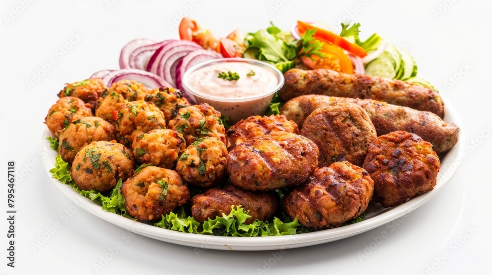 A plate with a jacket dish, nuggets, chicken cutlets and some salad. The background is pure white.