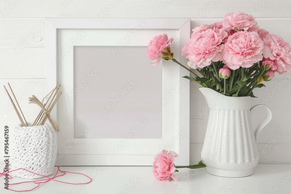 Serene crafting corner with pink carnations and white frame on boggy backdrop Serene crafting corner with pink carnations and white frame on boggy backdrop