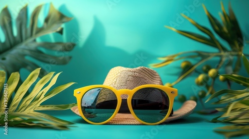 A stylish straw hat paired with large yellow sunglasses, evoking a sense of beachside relaxation on a tropical blue background photo