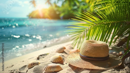 A straw hat surrounded by seashells rests on the sand  evoking the warmth and relaxation of a beach day