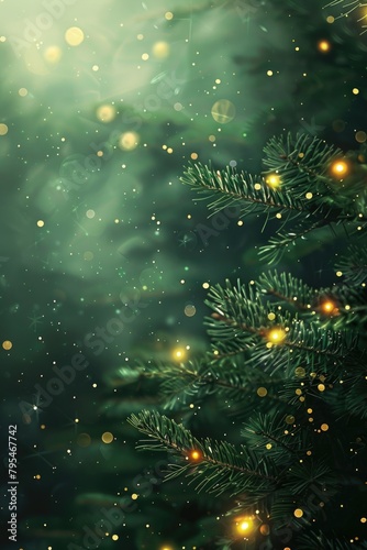 Lush fir branches dusted with snowflakes set against a backdrop of golden festive lights