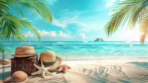 A serene tropical beach background with suitcases, sun hats, and starfish conveying a holiday vibe photo