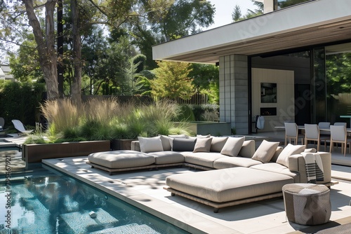 Chic poolside lounge area furnished with modern outdoor seating options.