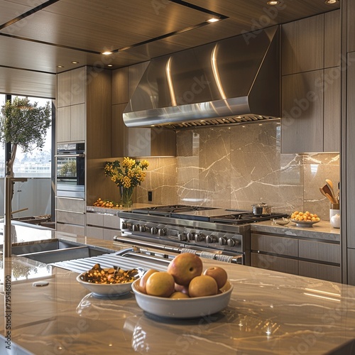 Envision a kitchen with gleaming countertops and stainlesssteel appliances, embodying the concept of cleanliness and newness 8K , high-resolution, ultra HD,up32K HD photo