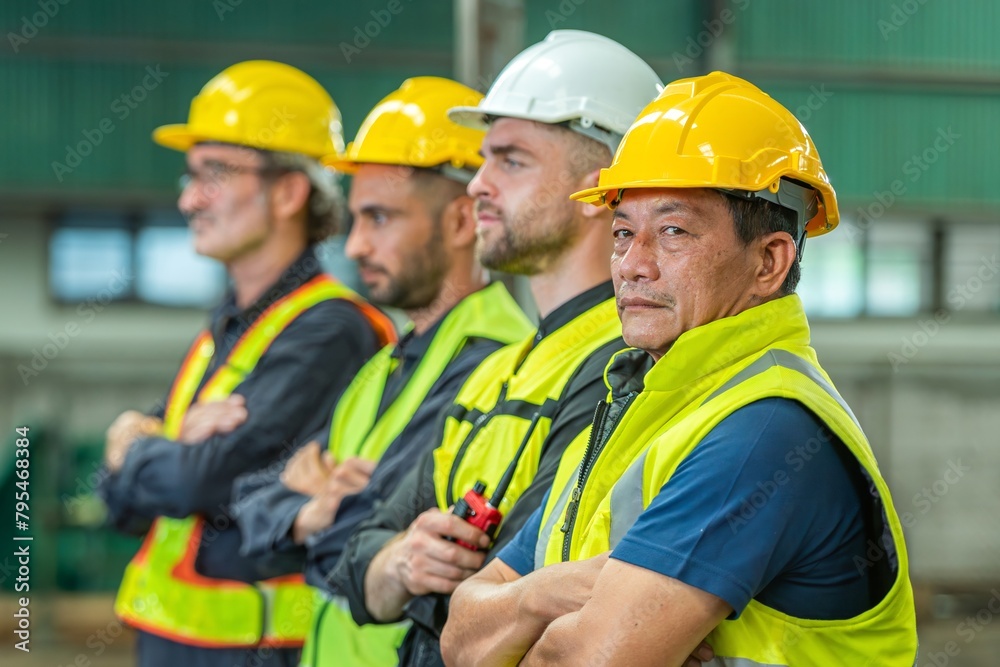 A group of construction workers wearing hard hats and safety vests are posing for a photo. A group of construction workers wearing hard hats and safety vests are posing for a photo.