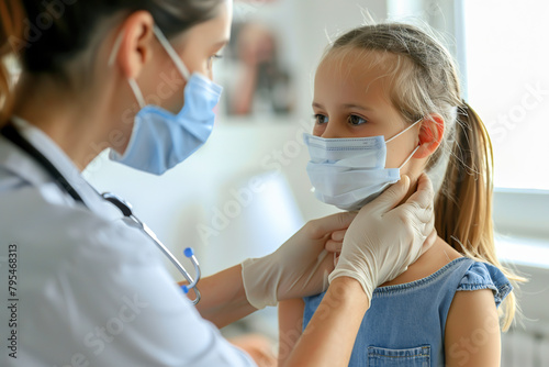 Doctor examining a little girl. Child Receiving Check up with pediatrician. Assessment for healthcare analysis in clinic, consulting. Healthy young patient at medical checkup. Modern sunny exam room