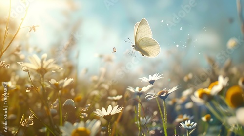 white butterfly flies free in the middle of a flowery meadow photo