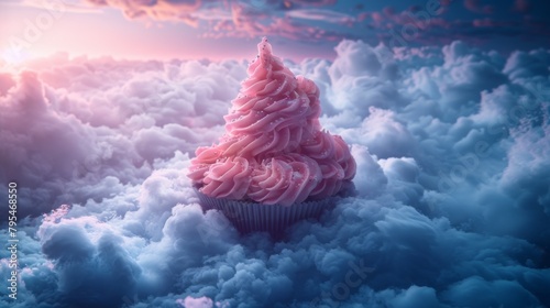 Illustrate a dreamy image of clouds shaping into a giant cupcake with fluffy frosting and colorful sprinkles, floating above a photo