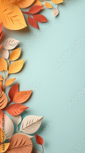 Autumn leaves paper art border on a teal background with copy space. Creative fall season design concept for invitations, posters, and stationery. 