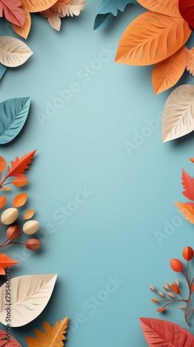 Autumn-themed paper art composition with layered leaves on a light blue background, featuring copy space. Perfect for seasonal stationery design and fall decorations.
